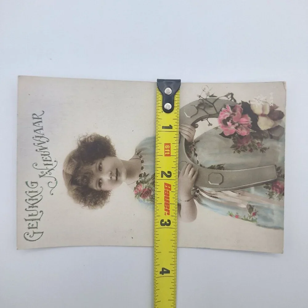 Antique Gelukkig Nieuwjaar Postcard Hand Colored New Year‎ Horseshoe Girl Dutch